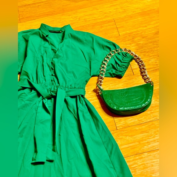 Zara Kelly Green Midi Dress & Matching Animal Skin Bag With Metal Chain Set NWOT - Picture 13 of 15